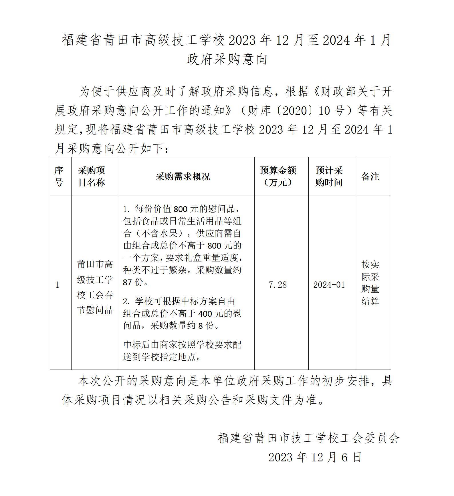 福建省莆田市高级技工学校2023年12月至2024年1月政府采购意向